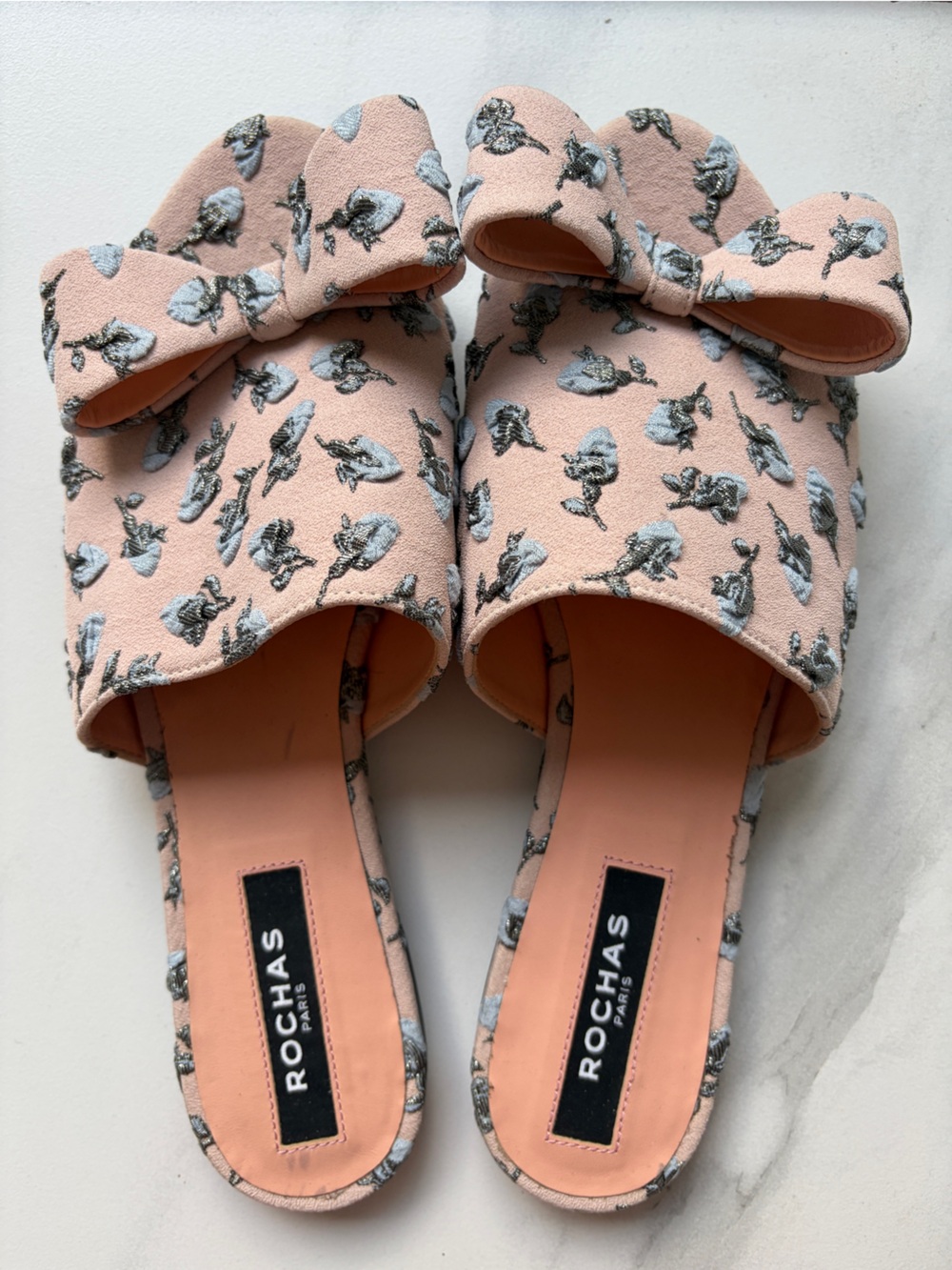 Rochas Blush Pink Floral Bow Slide Mules